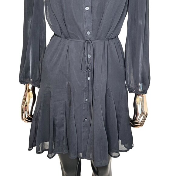 🆕 LOFT Black Chiffon Button-Down Long Sleeve Mini Dress with Tie Waist SZ Small - Picture 6 of 10